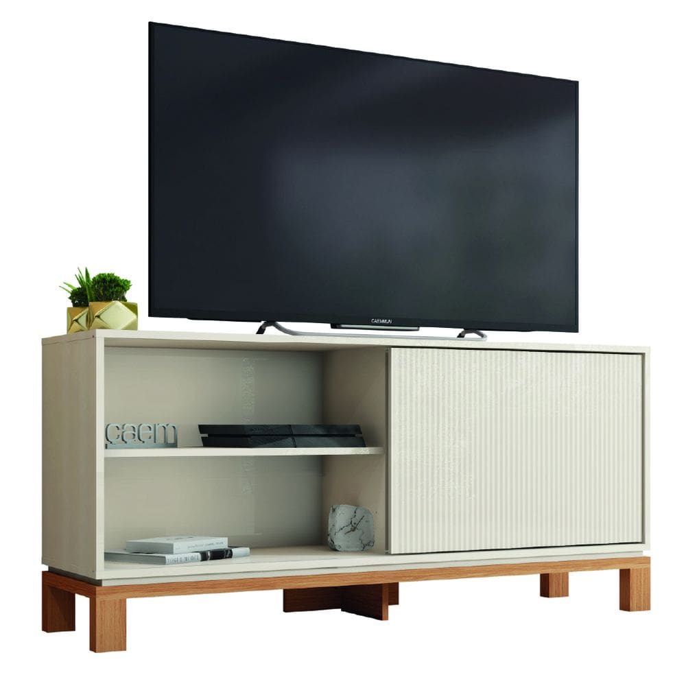 Rack Bancada P/ TV Até 45 Polegadas 1 Porta de Correr Ripada Impressão 3D Turim Madeirado/Off White
