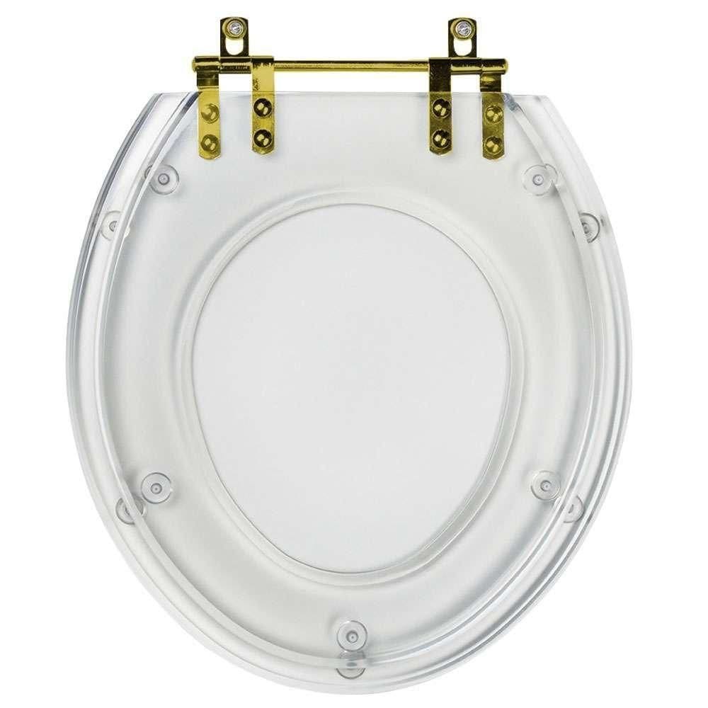 Assento Sanitario Poliéster Convencional Universal Oval Cristal Com Ferragem Dourada