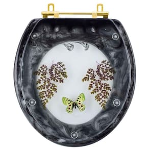 Assento Sanitário Decorado Oval Convencional Preto Com Borboleta Verde Para Todas As Marcas Com Ferragem Dourada