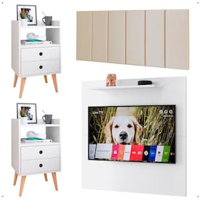 Kit 2 Mesinhas Lateral Painel Branco Tv 32 Polegadas Prateleira Suspensa Cabeceira Cama Box Casal 1,40 Areia Suede - Lojas RPM