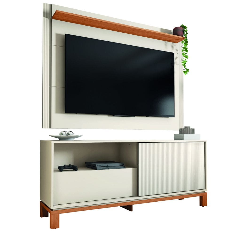 Rack Bancada Com Painel Para TV Até 55 Polegadas 1,50m Ripado impressão Emirates Madeirado/Off White