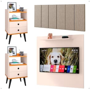 Kit 2 Mesinhas Lateral Off White/Cinamomo Painel Tv 32 Polegadas Prateleira Suspensa Cabeceira Cama Box Casal 1,40 Bege Linho - Lojas RPM