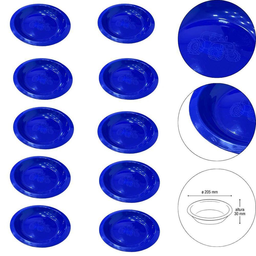 Kit 10 Prato Infantil De Plástico Com Desenho De Trator Azul