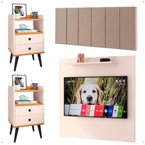 Kit 2 Mesinhas Lateral Off White/Cinamomo Painel Tv 32 Polegadas Prateleira Suspensa Cabeceira Cama Box Casal 1,40 Bege Suede - Lojas RPM