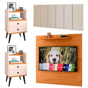 Kit 2 Mesinhas Lateral Off White Painel Cinamomo Tv 32 Polegadas Prateleira Suspensa Cabeceira Cama Box Casal 1,40 Areia Suede - Lojas RPM