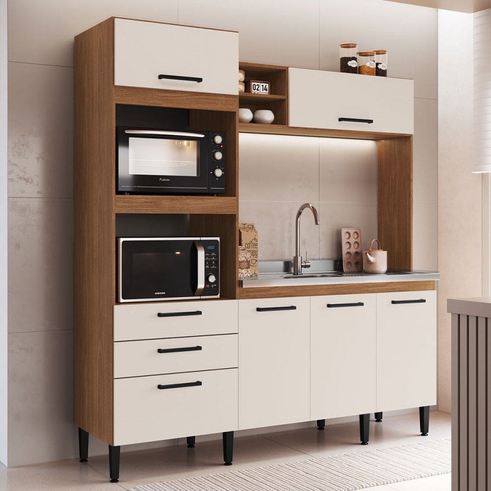 Cozinha Compacta Marrom 6 Portas 2 Gavetas Freijó/Off White - Irm Móveis