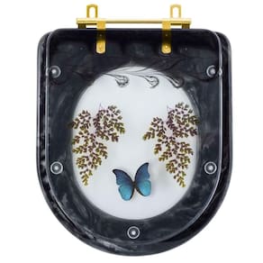 Assento Sanitario Poliester Decorado Borboleta Azul Carrara Preto Com Ferragem Dourada