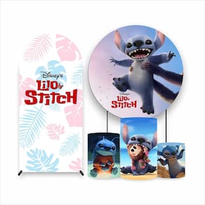 Kit Painel de Festa Redondo, Trio de Cilindros e Painel Romano Lilo Stitch - Fera Print