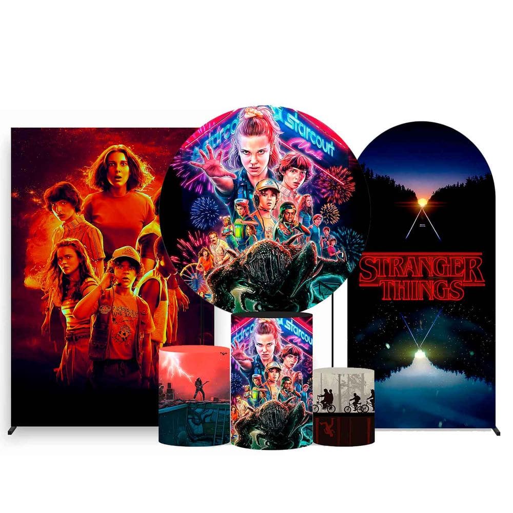 Kit Painel de Festa Redondo de 1,50m, Trio de Cilindros, Painel Lateral e Romano Stranger Things - Fera Print