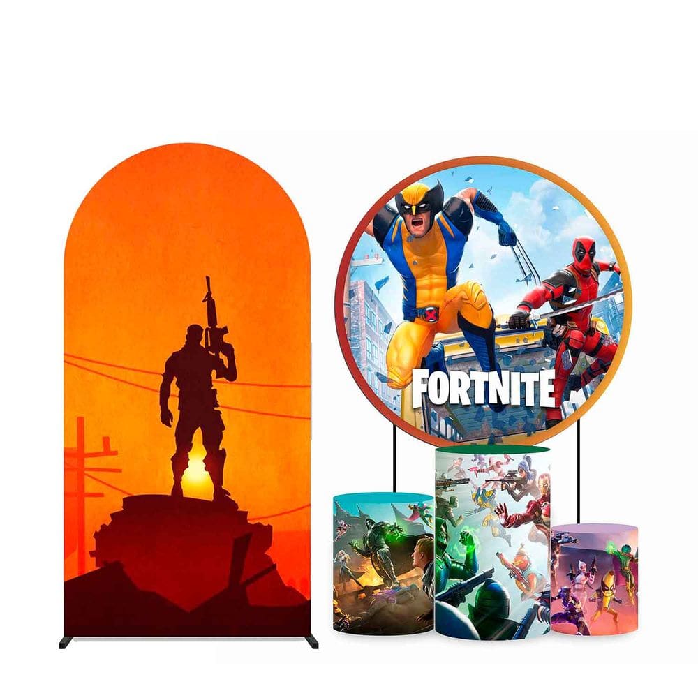 Kit Painel de Festa Redondo 1,30m, Trio de Cilindros e Painel Romano Fortnite - Fera Print