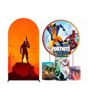 Kit Painel de Festa Redondo 1,30m, Trio de Cilindros e Painel Romano Fortnite - Fera Print