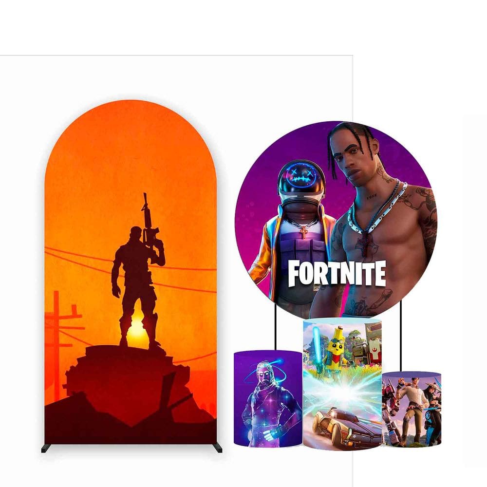 Kit Painel de Festa Redondo 1,50m, Trio de Cilindros e Painel Romano Fortnite - Fera Print