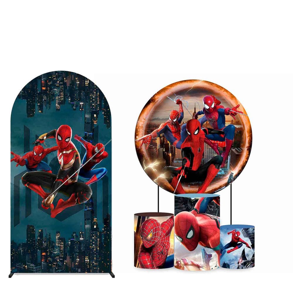 Kit Painel de Festa Redondo 1,30m, Trio de Cilindros e Painel Romano Homem Aranha - Fera Print