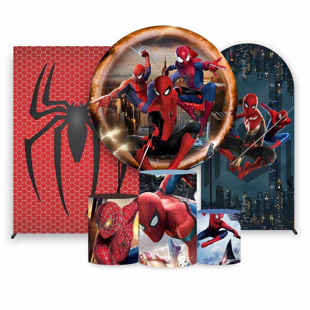 Kit Painel de Festa Redondo de 1,30m, Trio de Cilindros, Painel Lateral e Romano Homem Aranha - Fera Print
