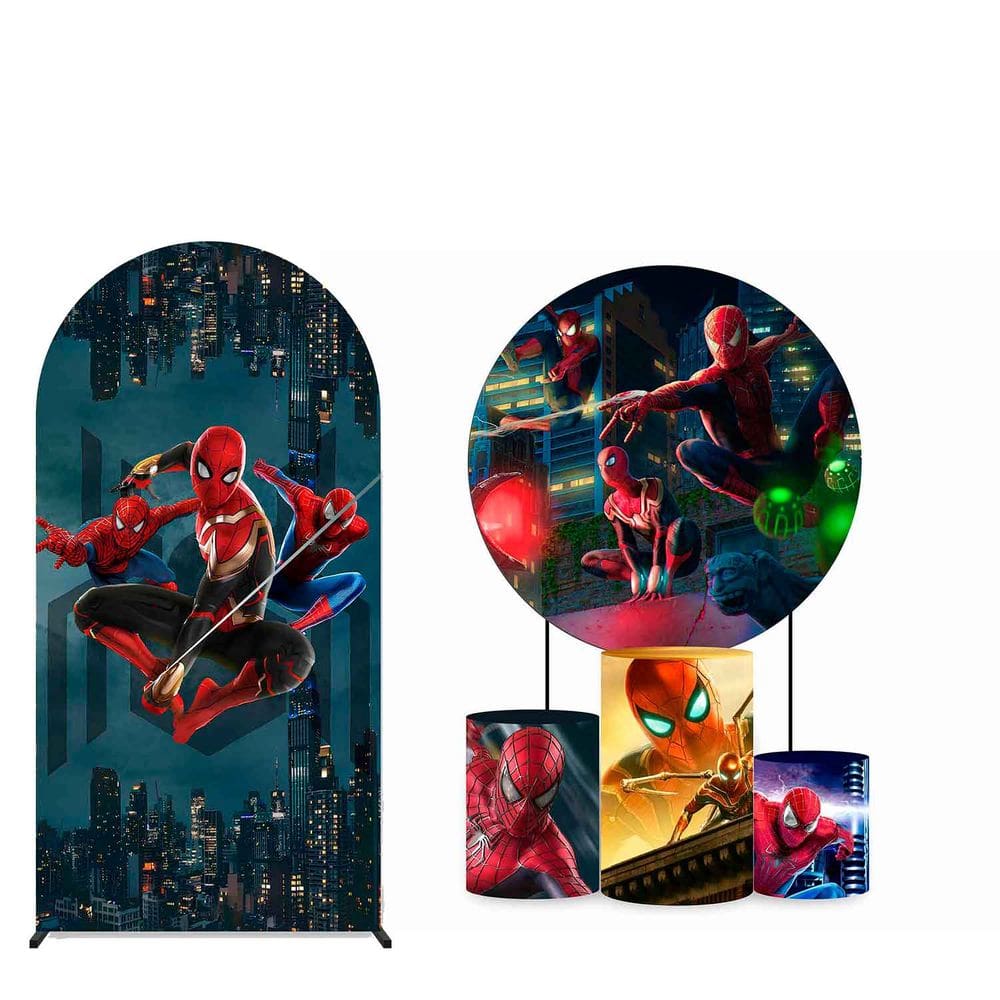 Kit Painel de Festa Redondo 1,80m, Trio de Cilindros e Painel Romano Homem Aranha - Fera Print