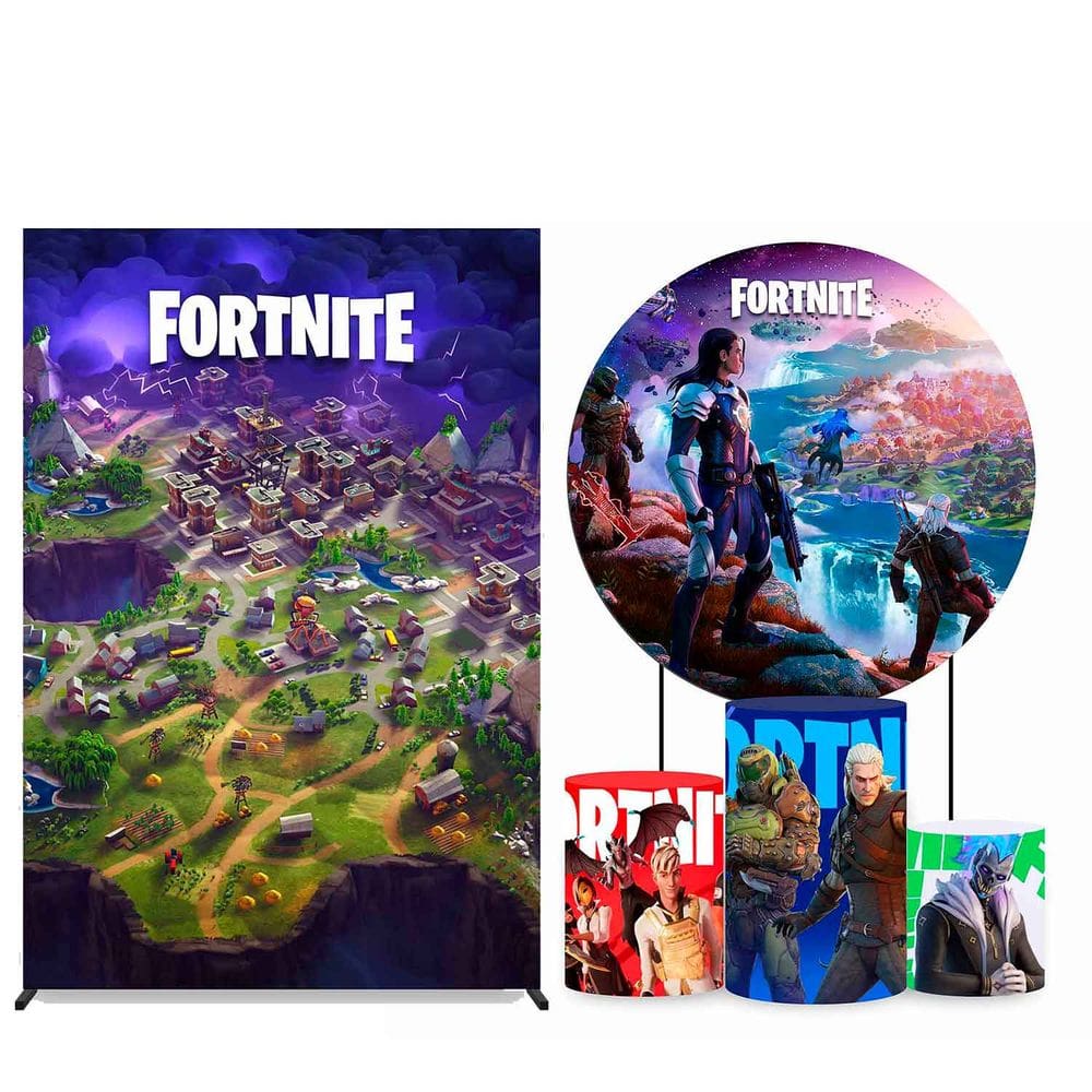 Kit Painel de Festa Redondo 1,80m, Trio de Cilindros e Painel Lateral Fortnite - Fera Print