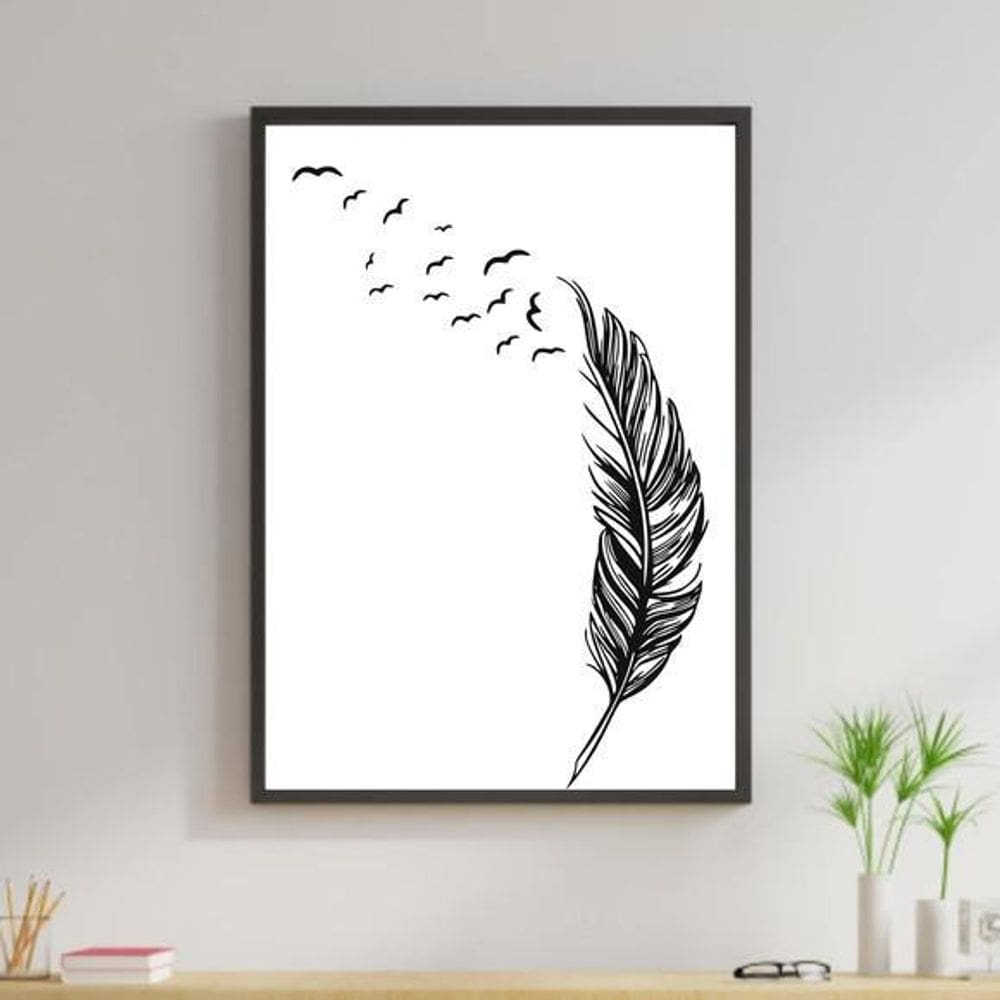 Quadro Pena Pássaros Voando 60X40Cm Moldura Preta