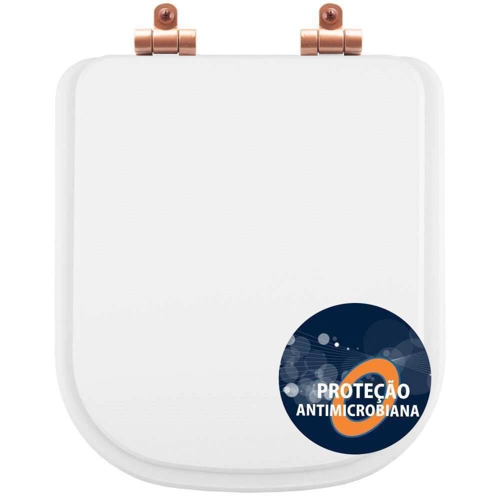 Assento Sanitário Poliéster Antibactéria Soft Close Piano Branco Para Vaso Deca Com Ferragem Rose Gold