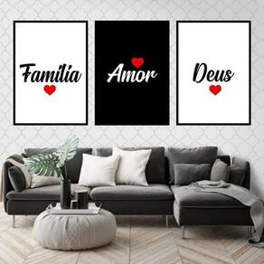 Kit 3 Quadros Família, Deus E Amor 33X24Cm - Moldura Preta