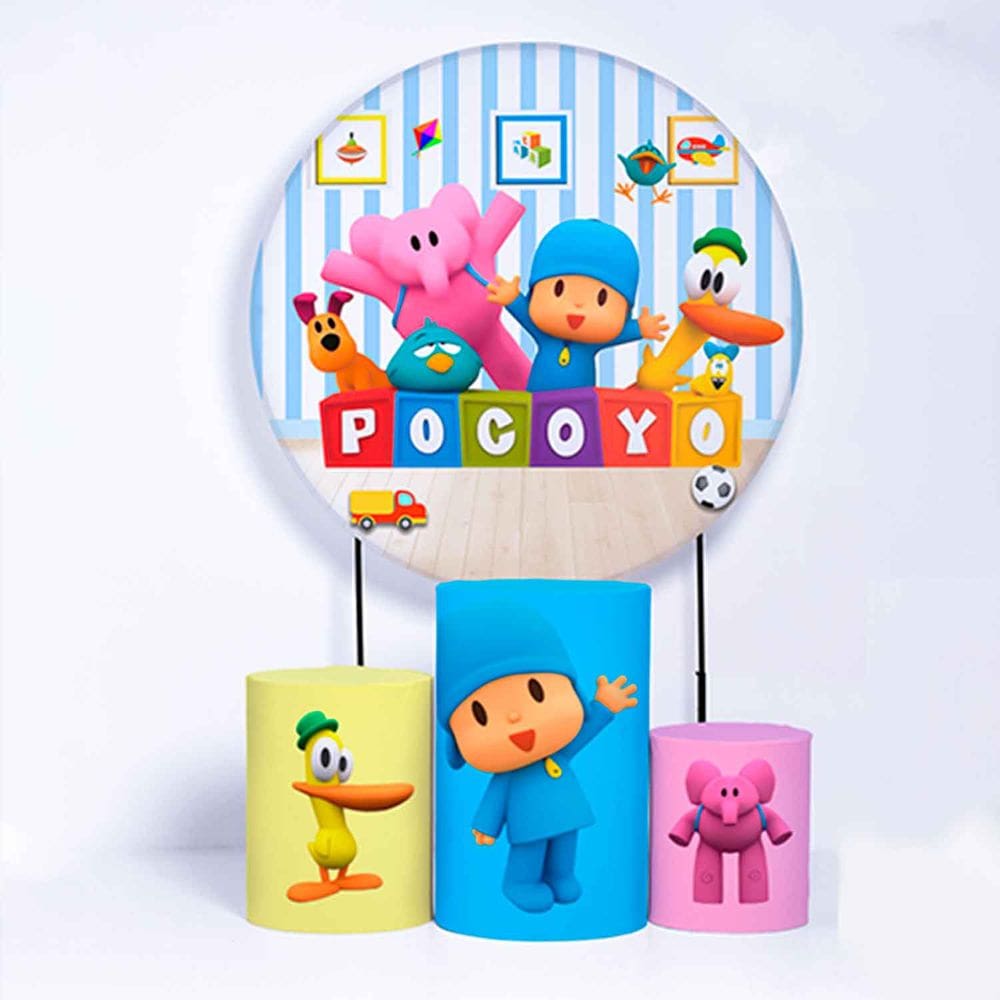 Kit Painel de Festa Redondo de 1,50m e Trio de Cilindros Pocoyo - Fera Print