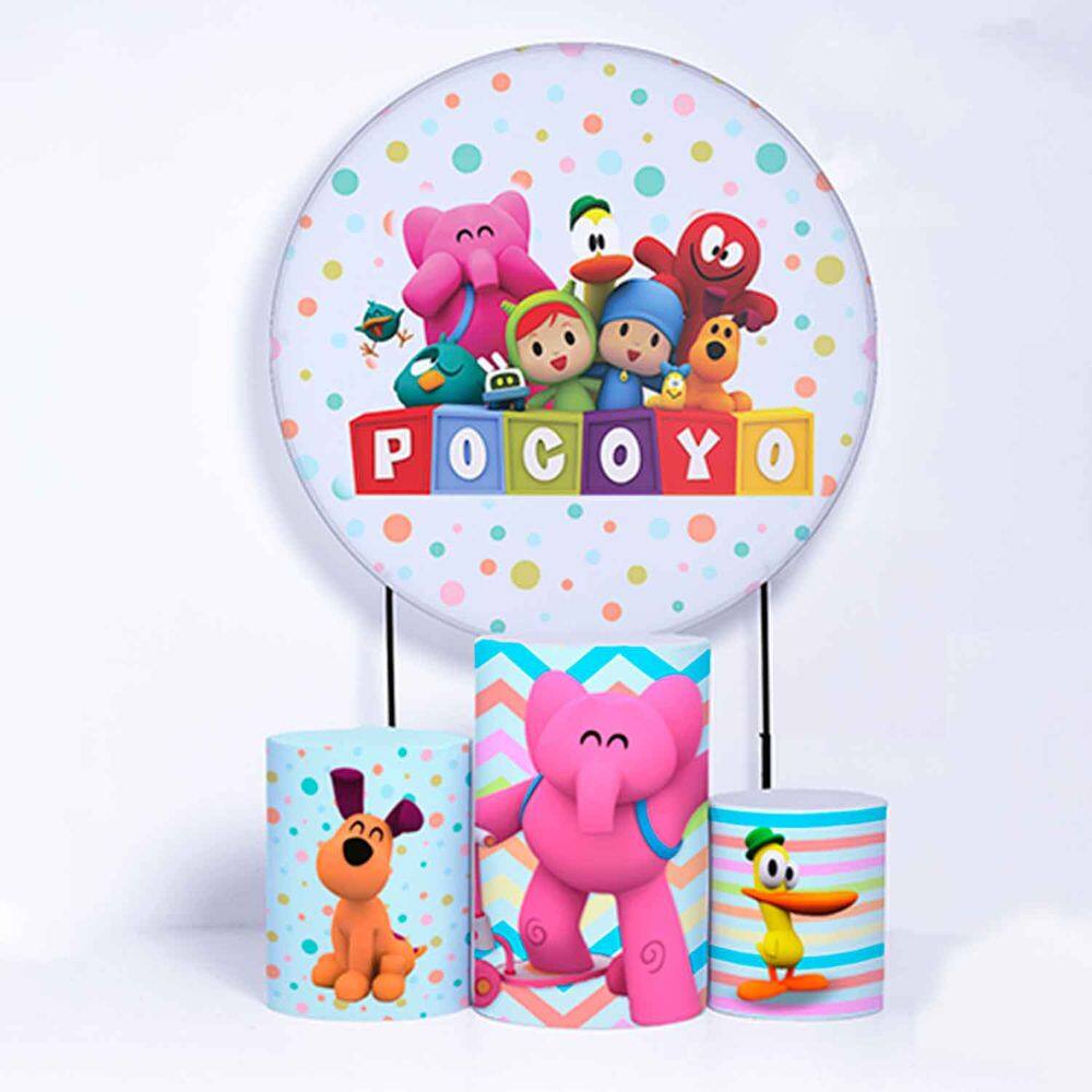Kit Painel de Festa Redondo de 1,80m e Trio de Cilindros Pocoyo - Fera Print