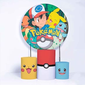 Kit Painel de Festa Redondo de 1,30m e Trio de Cilindros Pokemon - Fera Print