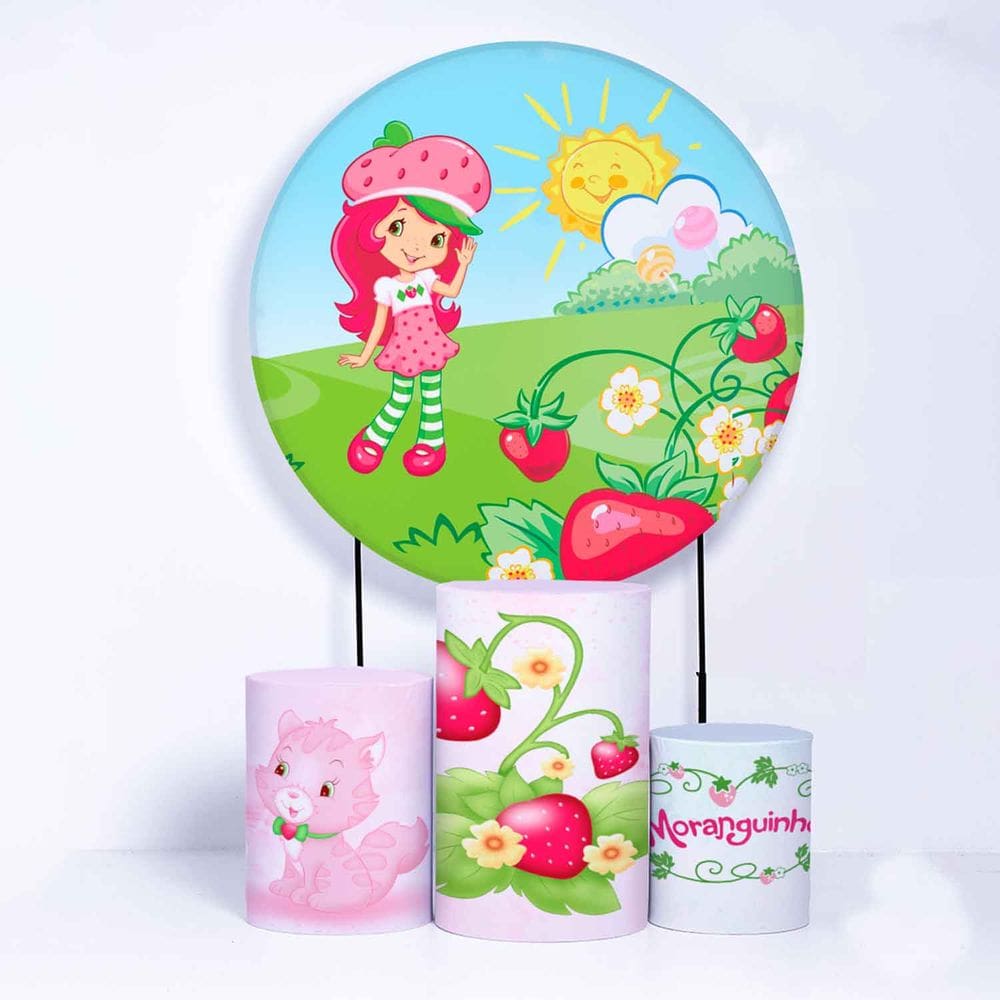 Kit Painel de Festa Redondo de 1,50m e Trio de Cilindros Moranguinho - Fera Print
