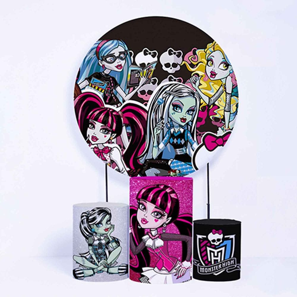 Kit Painel de Festa Redondo de 1,30m e Trio de Cilindros Monster High - Fera Print