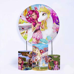Kit Painel de Festa Redondo de 1,30m e Trio de Cilindros Mundo Mia - Fera Print