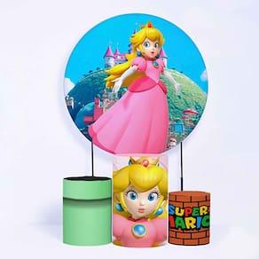 Kit Painel de Festa Redondo de 1,50m e Trio de Cilindros Mario Bros - Fera Print