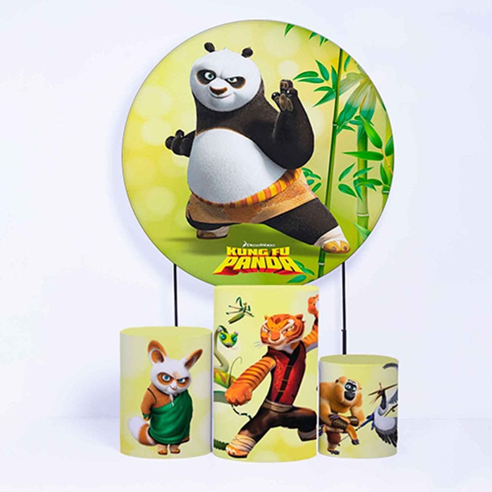 Kit Painel de Festa Redondo de 1,30m e Trio de Cilindros Kung Fu Panda - Fera Print