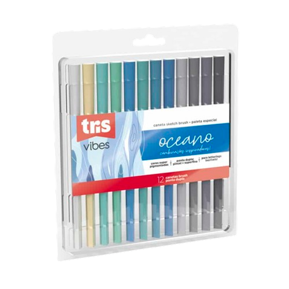 Caneta ponta dupla Brush superfina Tris Vibes Oceano 12cores