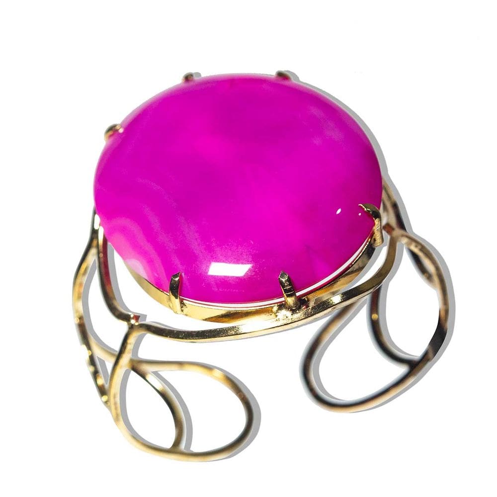 Bracelete Fixo Pedra Natural Ágata Rosa Grande Dourado