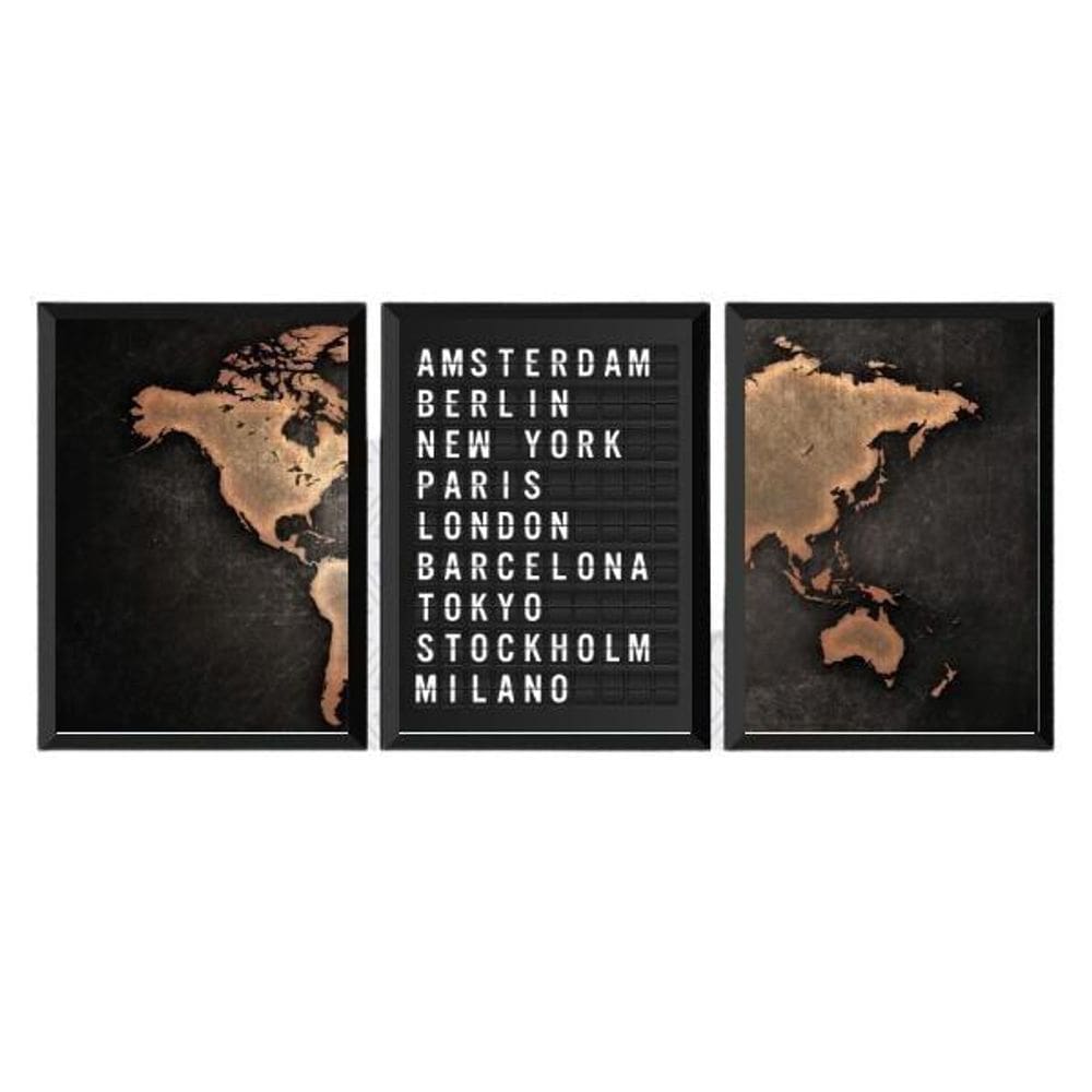 Kit 3 Quadros Mapa Placa Aeroporto 45X34Cm - Madeira Preta