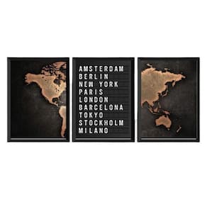 Kit 3 Quadros Mapa Placa Aeroporto 45X34Cm - Madeira Preta