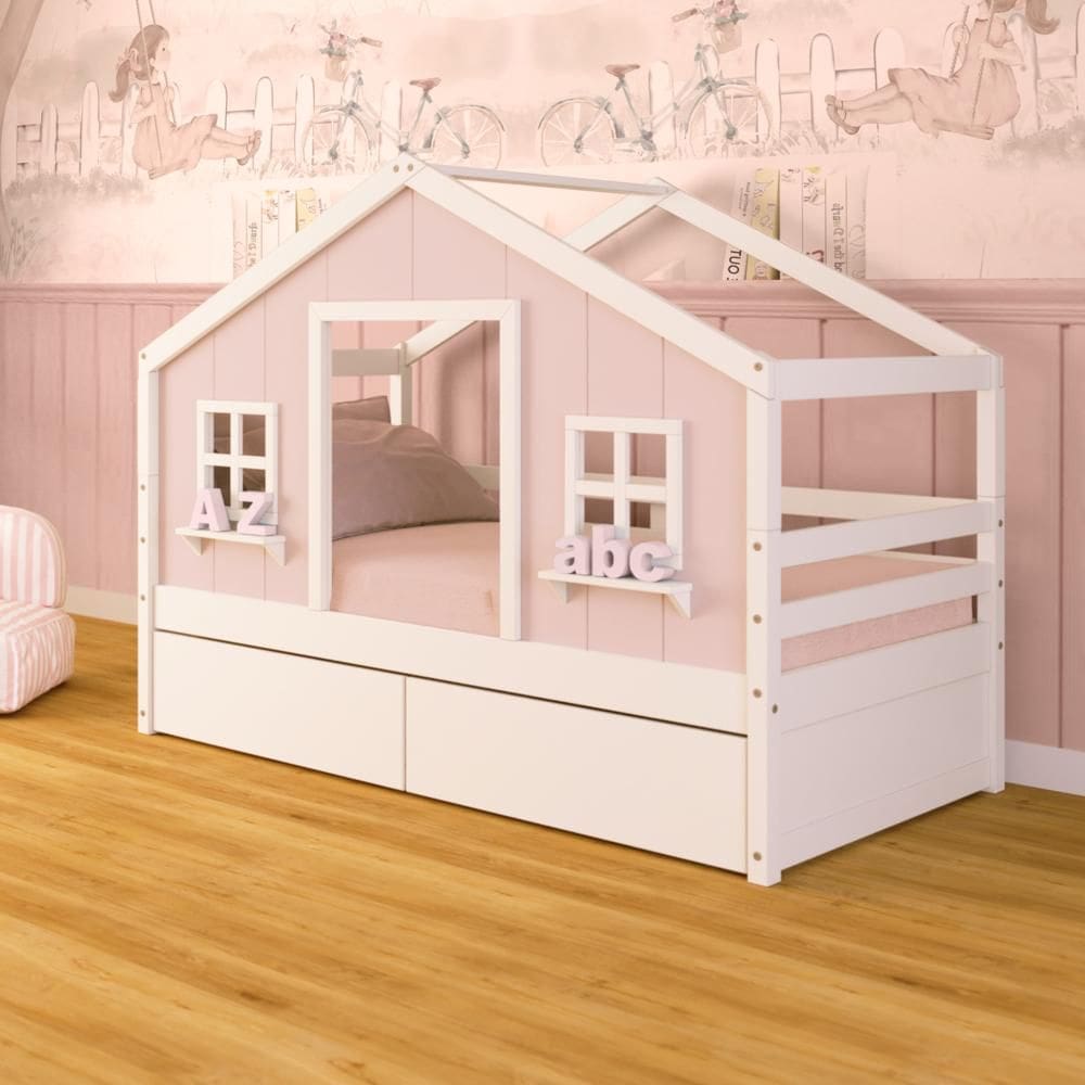 Cama Casinha dos Sonhos com 02 Gavetas Madeira Maciça Rosa/ Branco Megamobilia