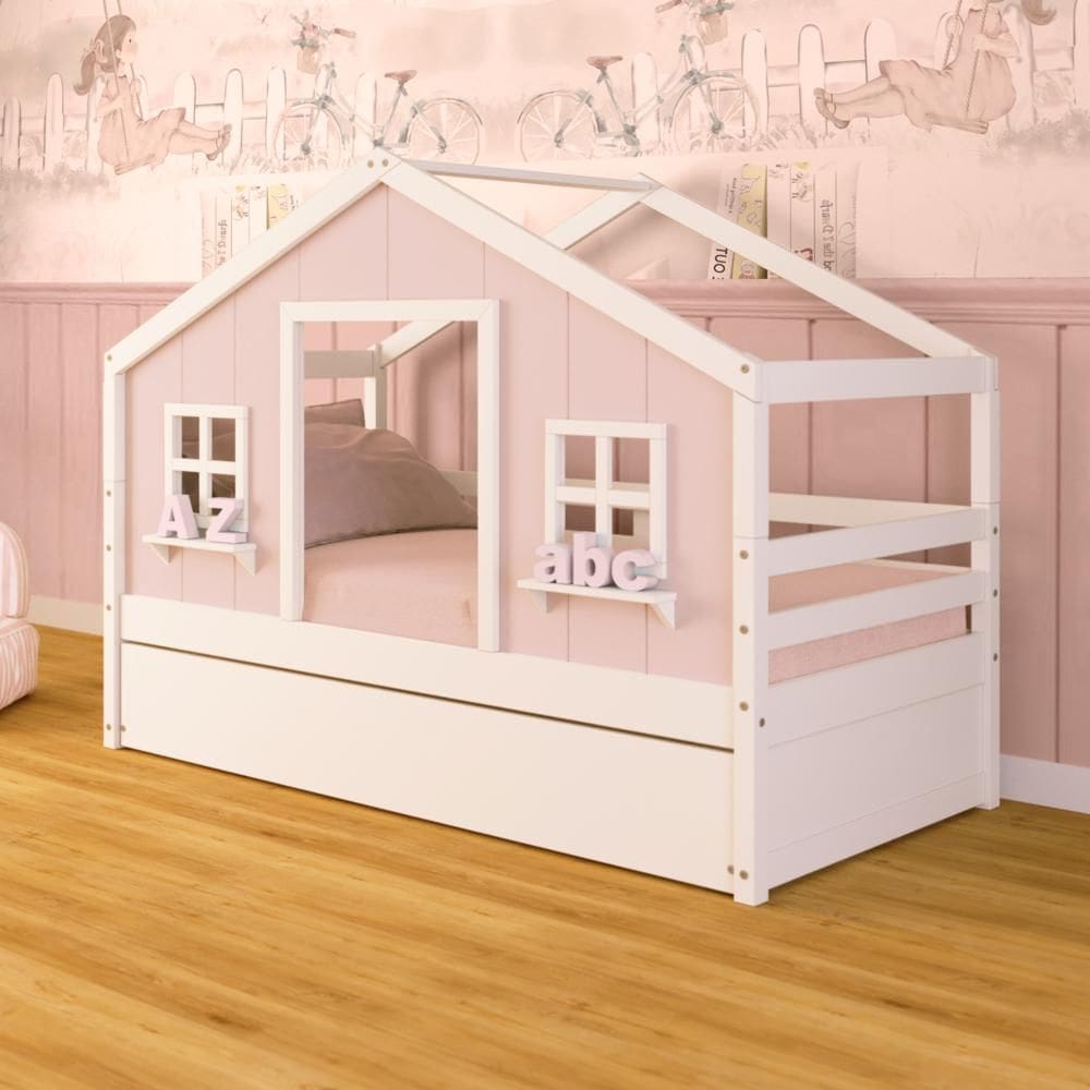 Bicama Casinha dos Sonhos Madeira Maciça Rosa/ Branco Megamobilia