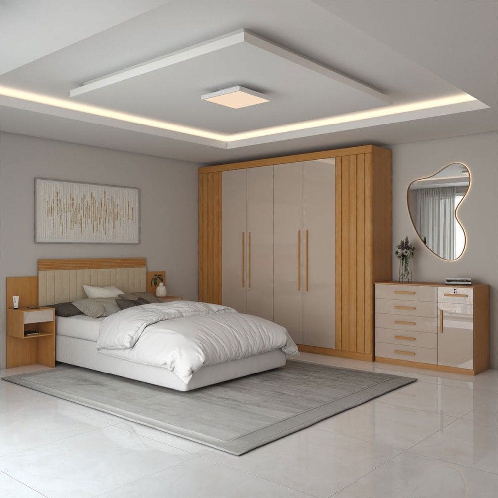 Quarto Completo Casal Aconchego 7 Portas 11 Gavetas Cinamomo/Off White - Panorama Móveis