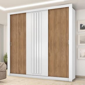 Guarda Roupa Casal 3 Portas Doha Carraro Ripado Branco com Freijó