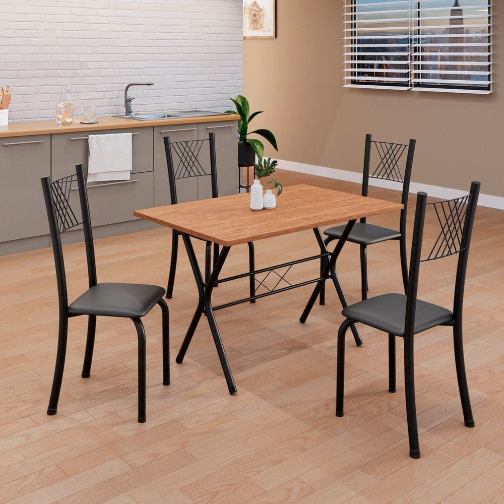Conjunto de Mesa Tubular 062 100x60cm Tampo em Mdf com 4 Cadeiras Sara Preto Liso / Preto TXT