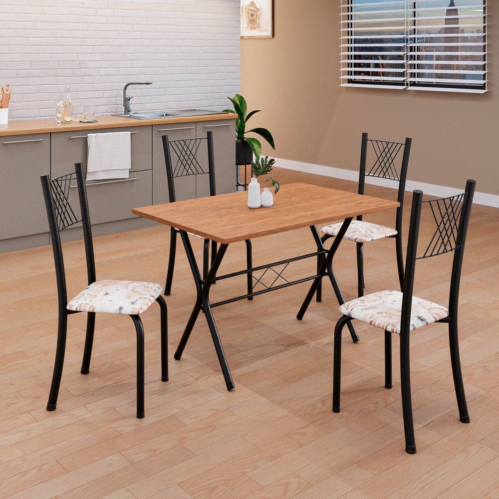 Conjunto de Mesa Tubular 062 100x60cm Tampo em Mdf com 4 Cadeiras Sara Botanic Bege / Preto TXT