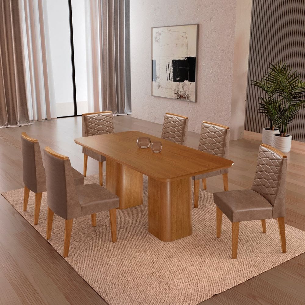 Mesa 180cm Tampo Mdf Canto Copo 6 Cadeiras Sakura NATURALLE / OFF WHITE