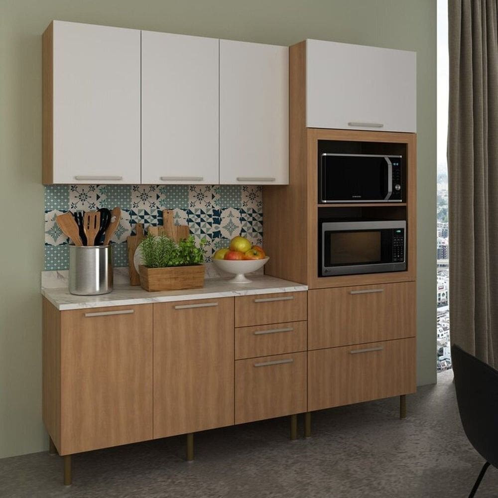 Cozinha Compacta 200cm 3 Peças, 6 Portas e 5 Gavetas Freijó/Branco