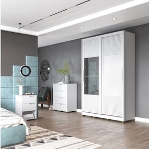 Quarto Solteiro com Guarda-Roupa 2 Portas de Correr, Cômoda e 1 Mesa de Cabeceira Thales Branco