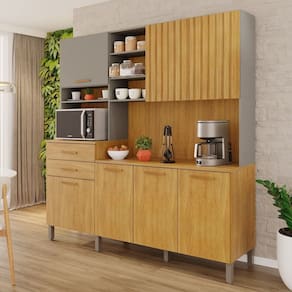 Cozinha Compacta 7 Portas 2 Gavetas Lagos Cinamomo / Cinza Acetinado