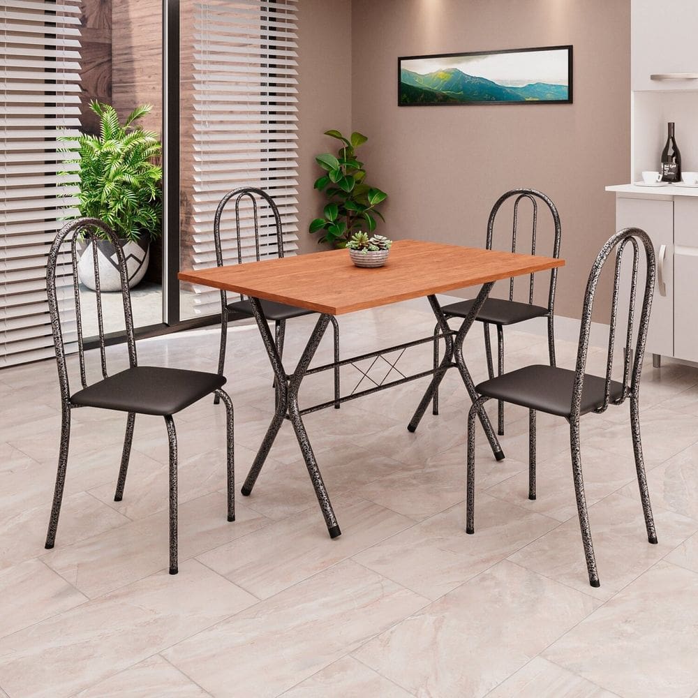 Conjunto de Mesa Tubular 62 100x60cm Tampo em Mdfcom 4 Cadeiras Ane B Preto liso / Martelado Prata