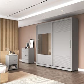 Quarto Casal Completo com Guarda-Roupa Malthus 2 Portas de Correr, 1 Cômoda e 2 Mesas de Cabeceira Cinza
