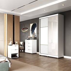 Quarto Solteiro com Guarda-Roupa 2 Portas de Correr, Cômoda e 1 Mesa de Cabeceira Picasso Branco