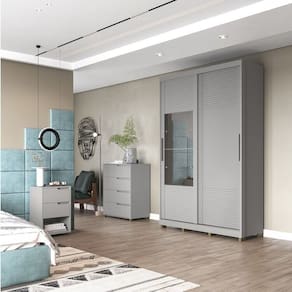 Quarto Solteiro com Guarda-Roupa 2 Portas de Correr, Cômoda e 1 Mesa de Cabeceira Thales Cinza