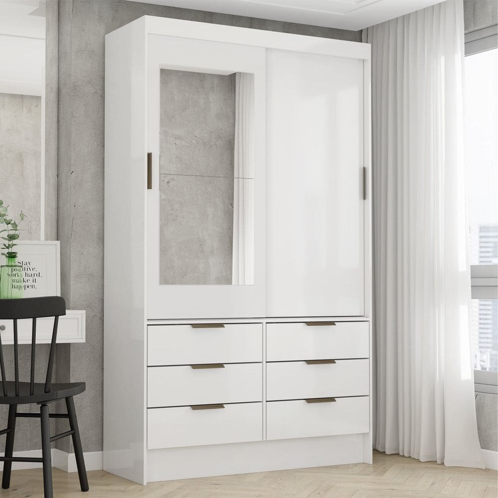 Guarda-roupa Casal com Espelhos 2 Portas de Correr 4 Gavetas Sevilha Branco